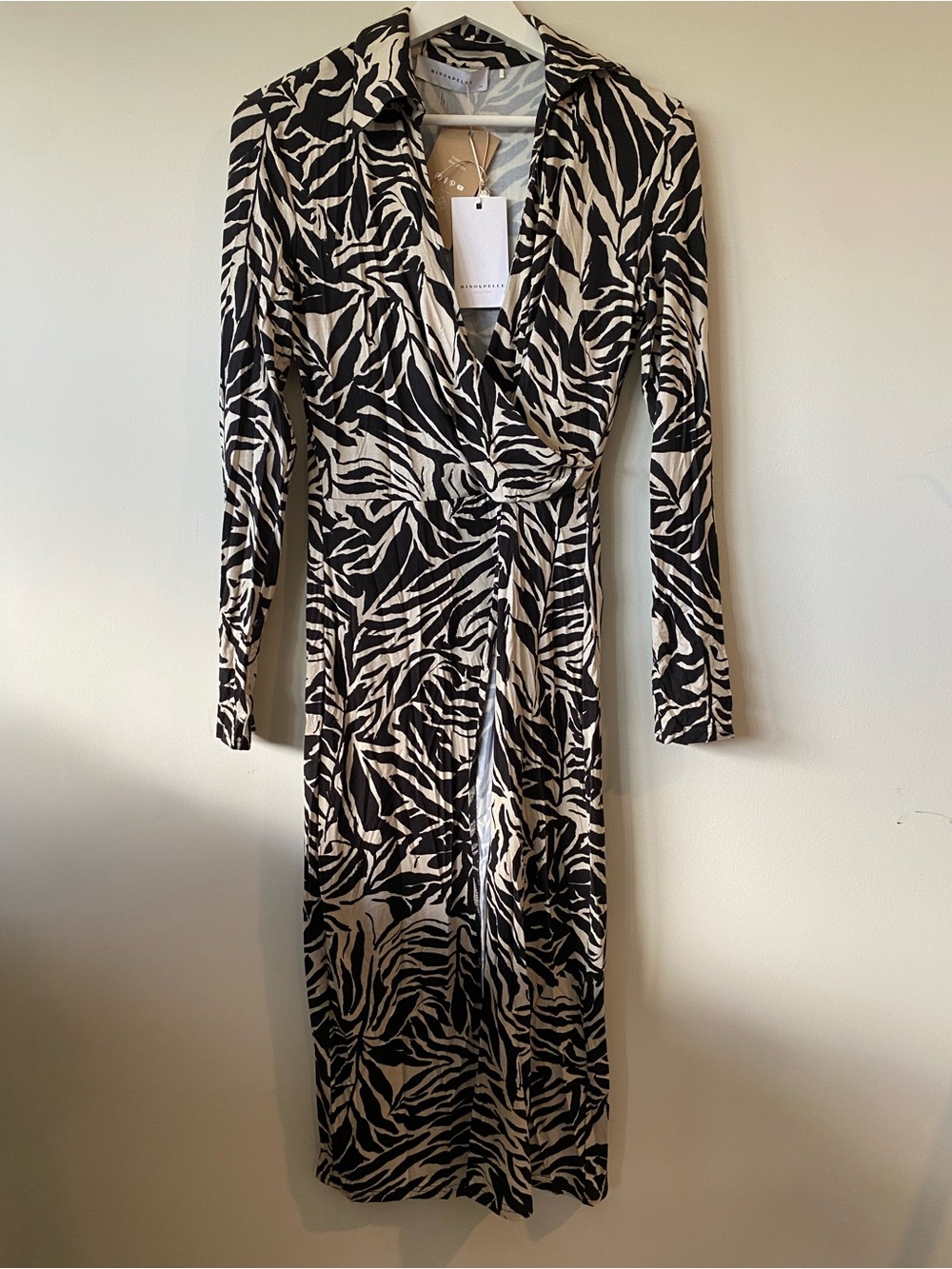 Long-Sleeve Faux-Wrap Zebra Print Dress in Black and Cream